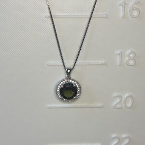 Genuine Moldavite and CZ Halo pendant BK 925 Sterling Silver
